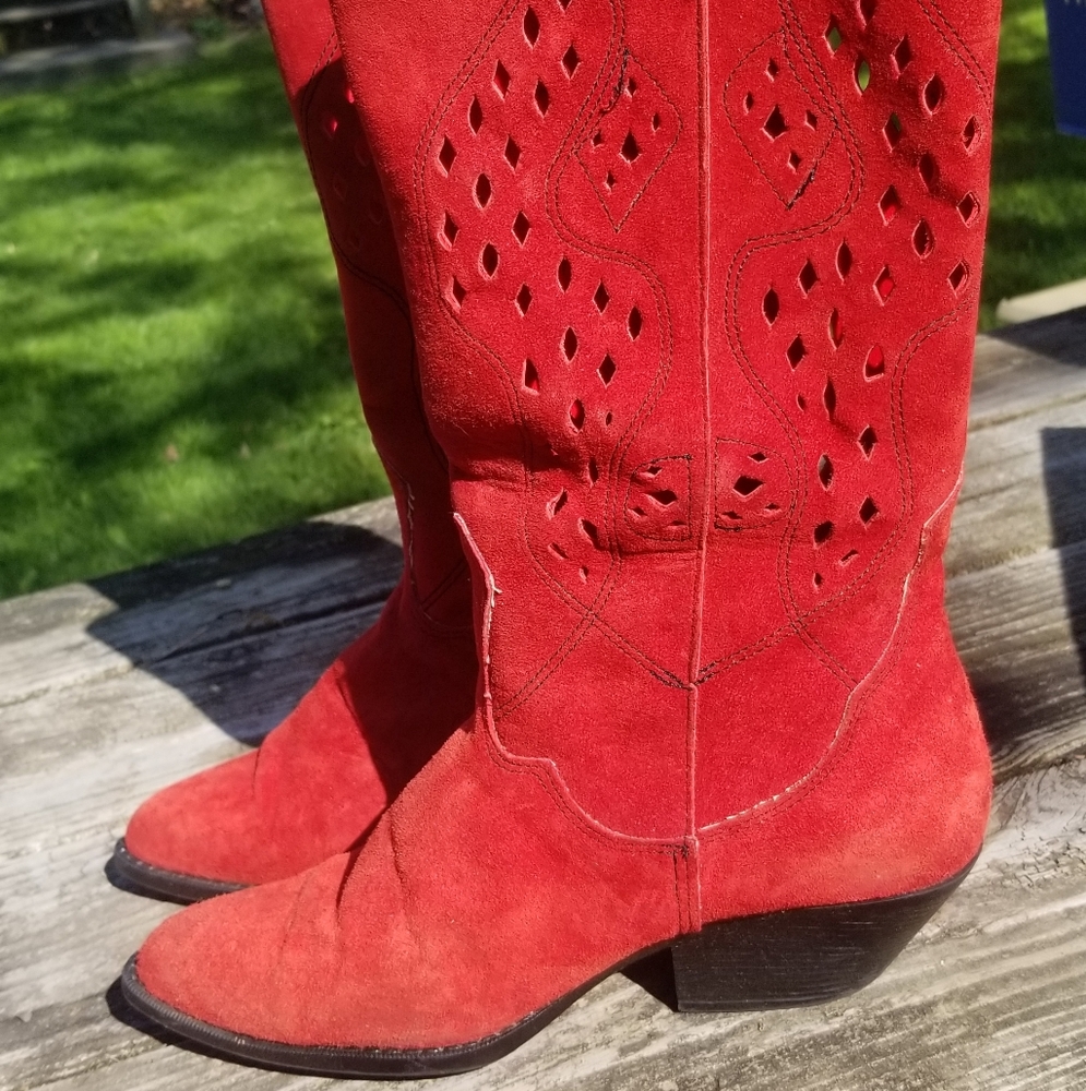 Vintage Red Suede Cowboy Boots